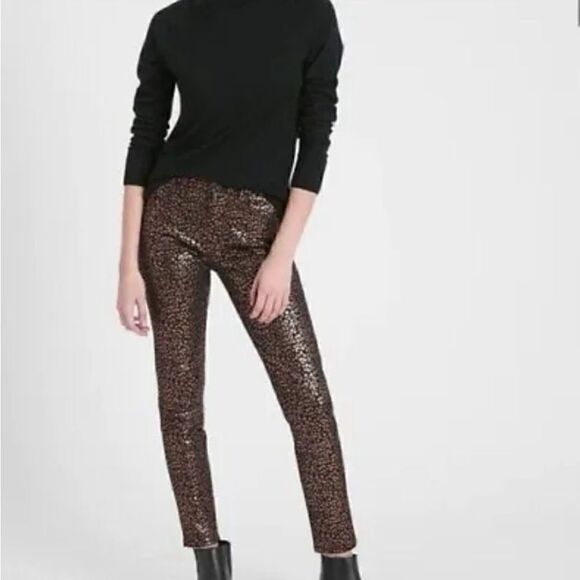 Banana Republic Mid Rise Ankle Rose Gold Metallic Leopard Print Jeans- NWT- sz6 - Picture 1 of 11